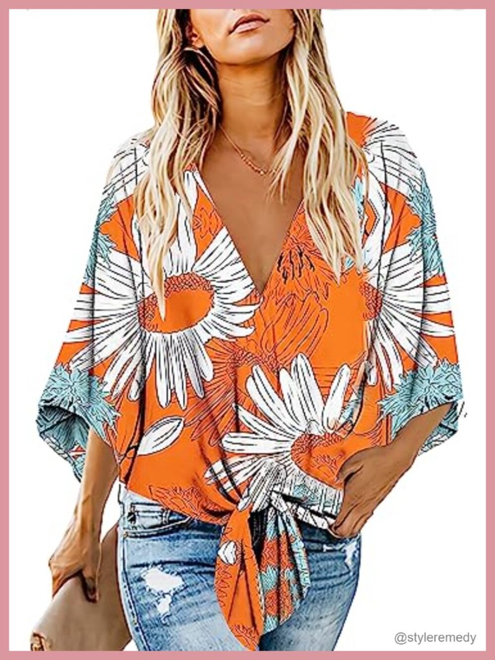 QegarTop Women's Floral Boho Blouse Batwing Sleeve Knot Front Top